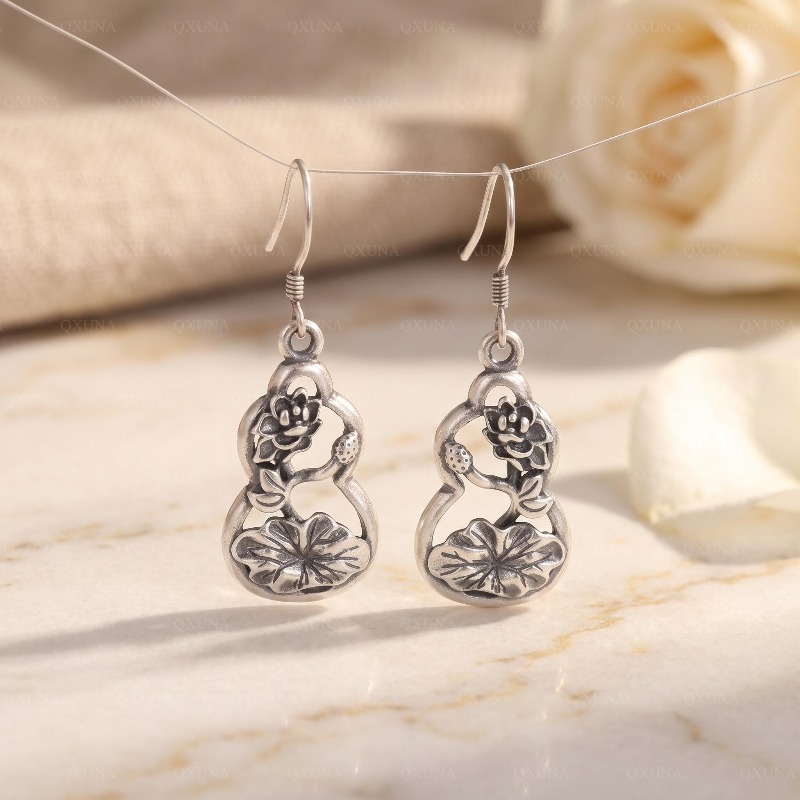 Women's Vintage Gourd and Lotus Pendant Copper Earrings