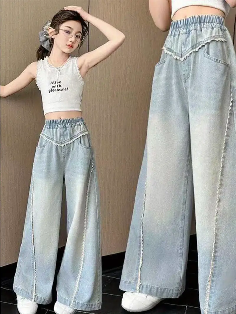 girls 2025 new wide leg loose fit denim overalls light wash blue distressed jeans with belt lace trim machine washable casual trousers for comfortable casual attire for older kids aged 7 sweet hem functional belt relaxed fit for school solid color denim pants with elastic waistband and cuffed cute jeans jeans shorts pantalon jeans Product details 1