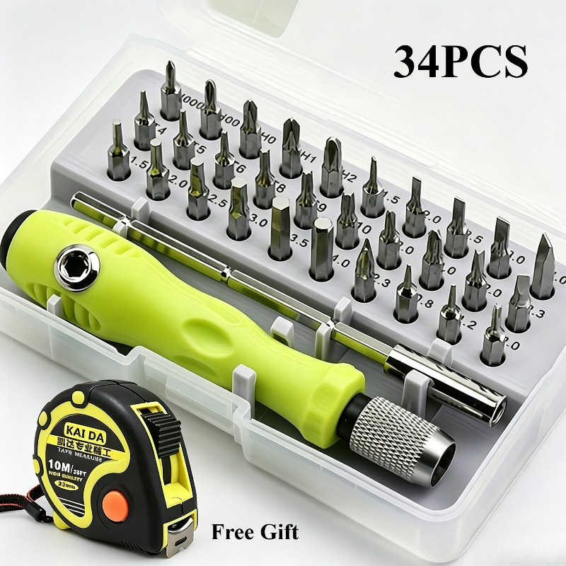 Image of 34pcs Precision Screwdriver Set With 10m Measuring Tape, Multi Bit Magnetic Repair Screwdriver Kit For Phone Laptop Watch Electronics Disassembly, Household Hand Tool Combo Kit