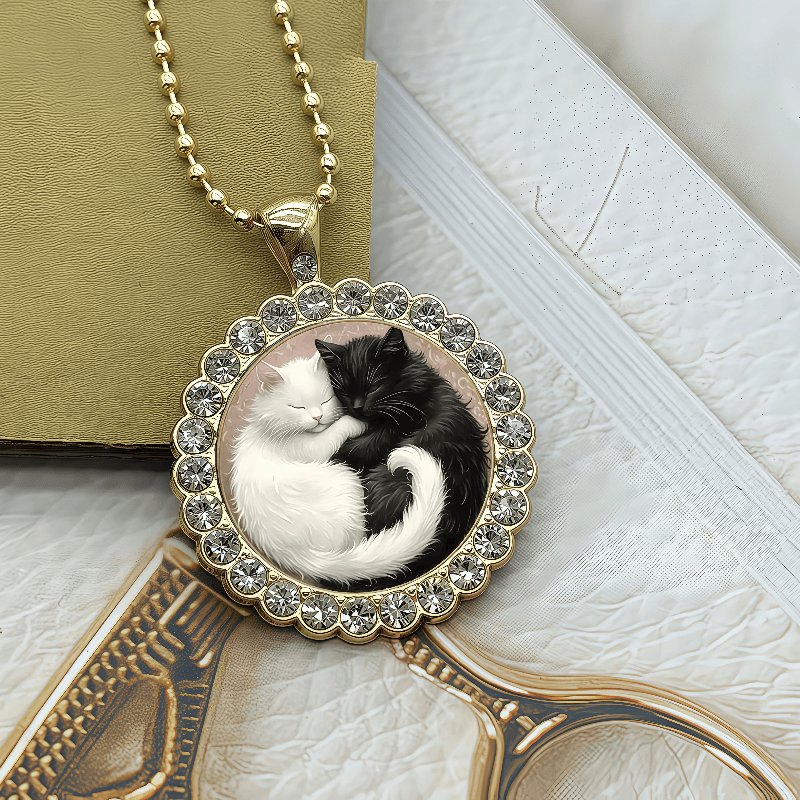 TEMU 1pc Cute And Elegant Black And White Kitten Round Glass Pendant Necklace - Cartoon Cat Couple Necklace - Adorable Kittens Embracing Design,