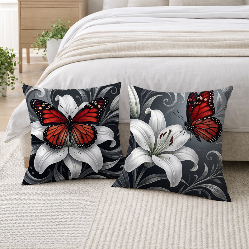 TEMU 2pcs Set Of 2d Flat Printed Pillowcases, Red White Lotus Pillowcases, Black Gray Main Color Retro Floral Decorative Style, Multiple Sizes