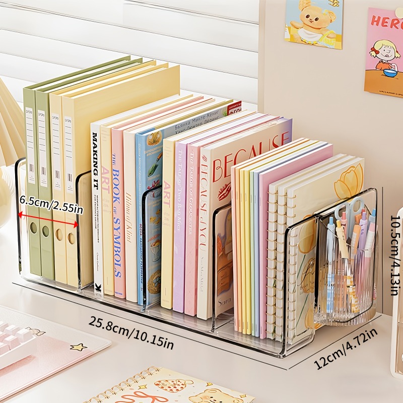 Multifunctional Desktop Organizer Bookend, Transparent Acrylic with Compartments