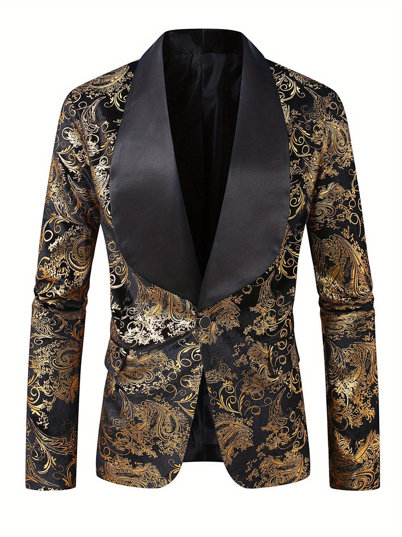 Men s Elegant Golden & Black Tailored Jacket - Luxury Formal & everyday suit coat with Lapel Collar, Loose Fit, Golden Patterned   for Men & Teens - Fabric for Weddings, Business, Parties -   Jacket, Mens Jackets High Quality, Vintage Jacket Men, Mens Plus Size Jackets