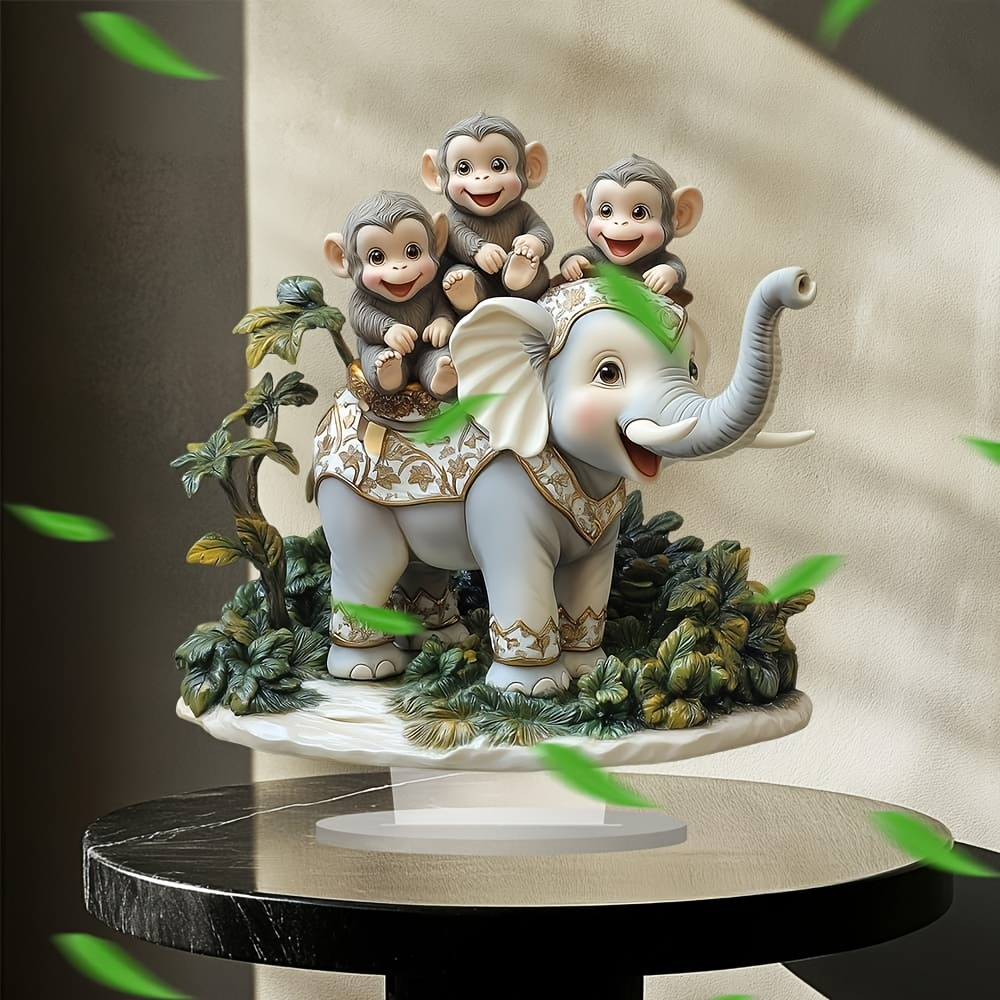 

2d Flat, Bohemian Monkey And Elephant Acrylic Desktop Decoration 2d Flat Products- 9.84in X 9.06in, Suitable For Home, Office - Ideal Christmas Gift