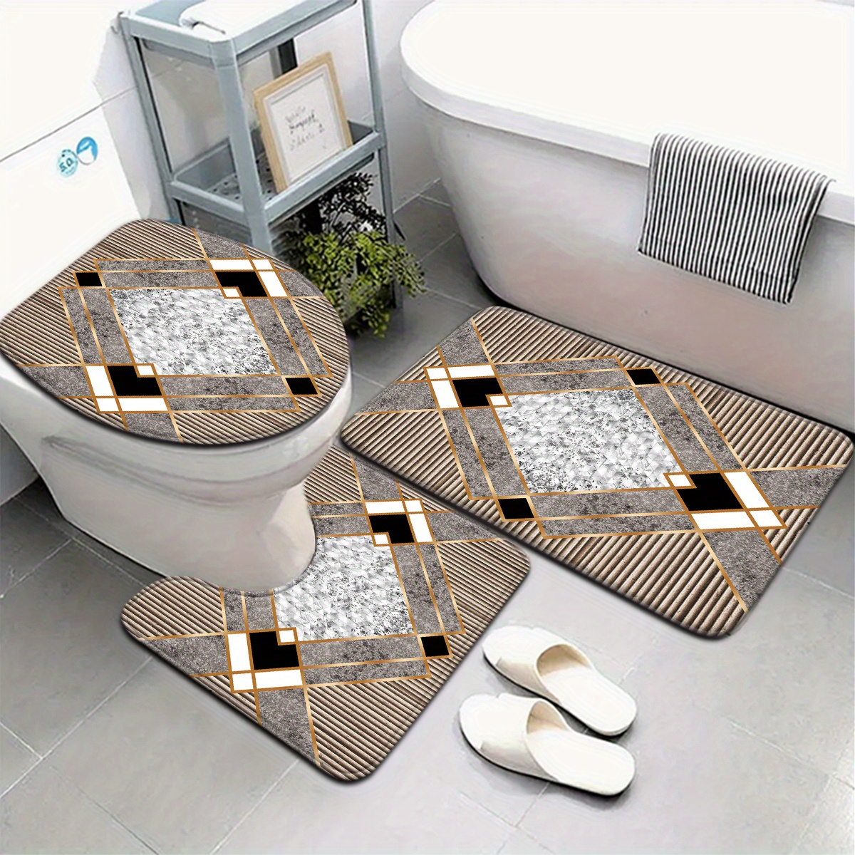 TEMU Jt 3pcs/4pcs Brown Rhombus Geometric Pattern Bathroom Mat Set, Toilet Lid Cover And Rug, U-shaped Bath Decor