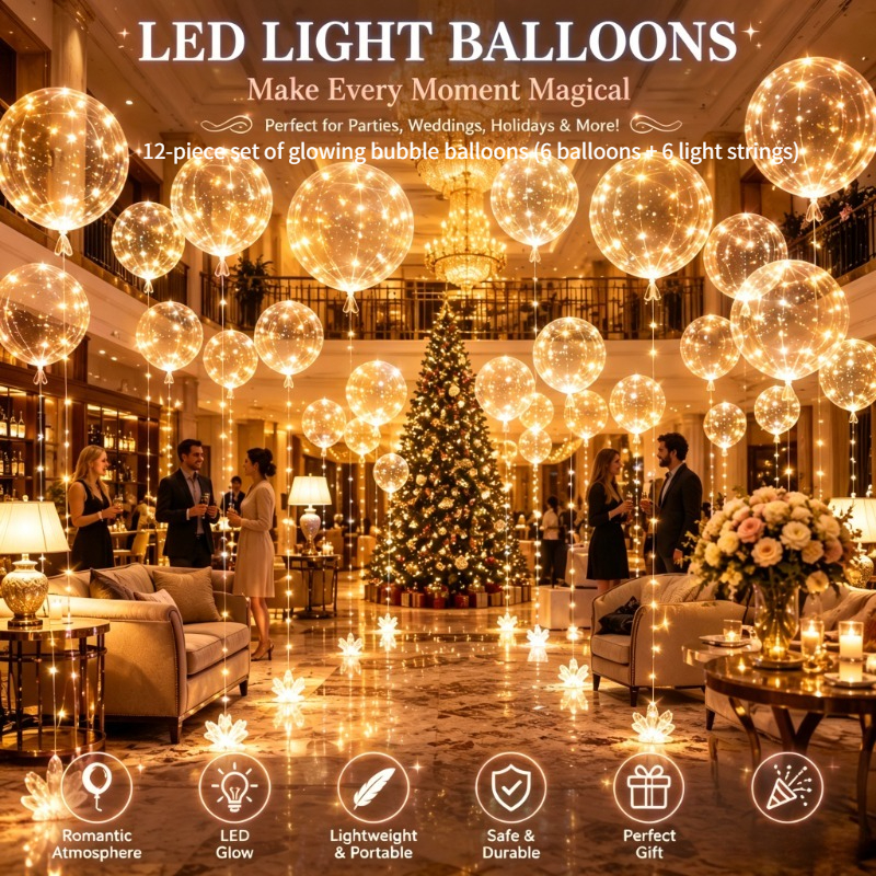 TEMU 12pcs Set Of Glowing Bobo Balloons, 6pcs Balloons And 6pcs Light Strings, Led Light-up Transparent , Battery Powered (battery Not Included),