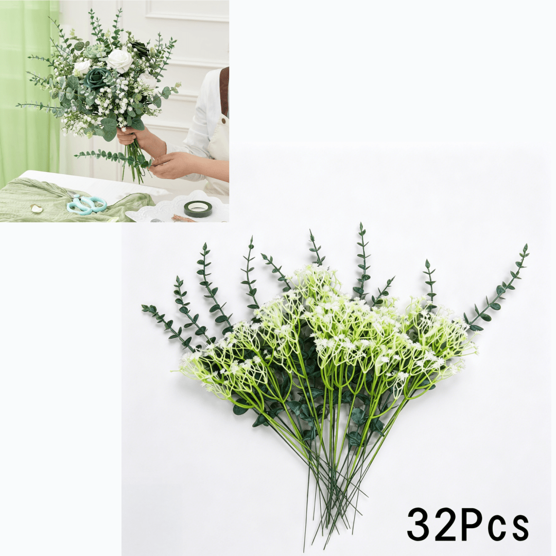 TEMU Ensemble de 32 pièces de fleurs artificielles : branches d'eucalyptus argentées et vertes, branches de fleurs artificielles en gypsophile, tiges