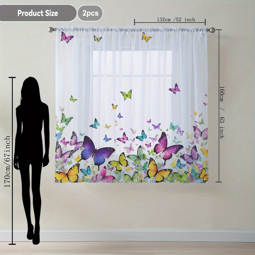 TEMU Conjunto de 2 piezas para decoración del hogar: mariposas coloridas en la parte inferior de una cortina transparente adecuada para cocina,