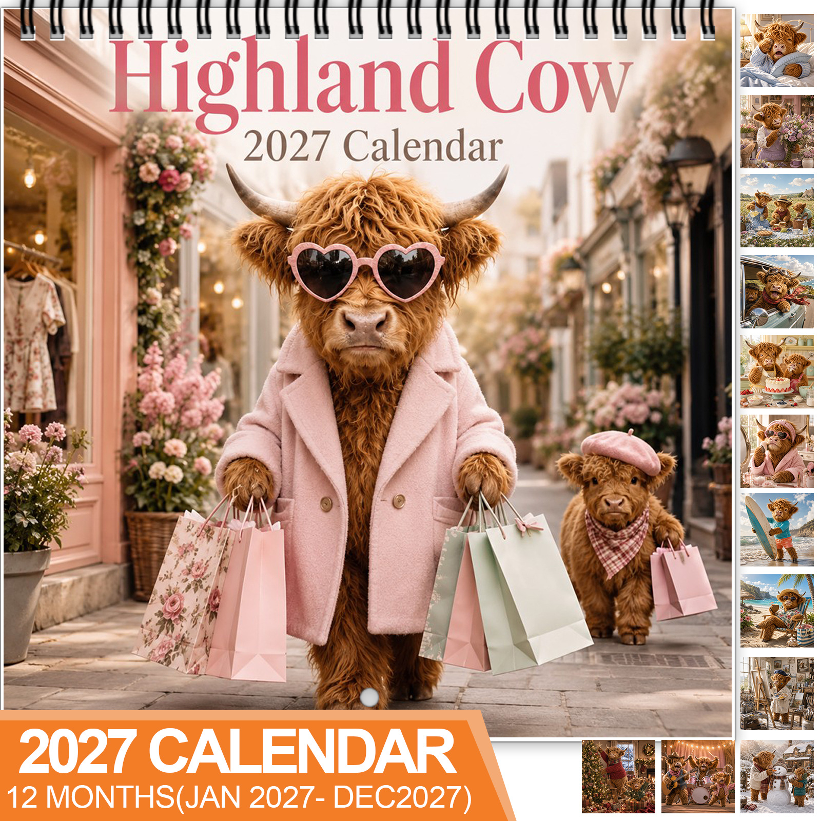 TEMU 1pc 2027 Funny Highland Cow Calendar Suitable For Cow Lovers - Spiral-bound Scottish Cattle Wall Planner With 12-month Monthly Layouts, Rustic