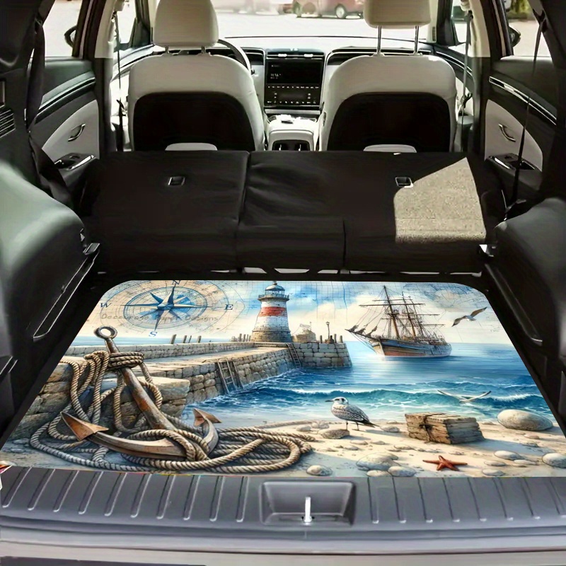 TEMU 1pc Nautical Lighthouse Print Car Trunk Mat - Soft, Durable, Non-slip, Machine Washable, Stylish With Compass & Ship Illustration, Fits Suvs &