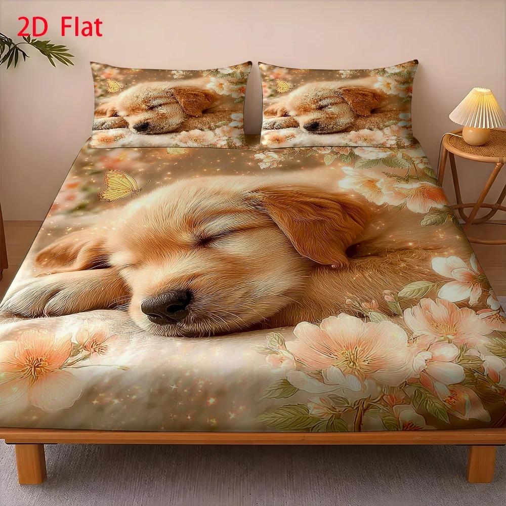 TEMU 3pcs Mattress Protector Set, 1pc Fitted Sheet And 2pcs Pillowcases (filling Not Included), Golden Retriever Puppy Theme Painting, Style,