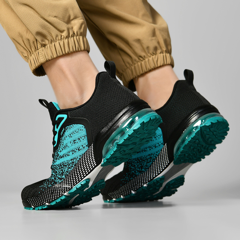 Men's Breathable Knit Sneakers - Lightweight Cushioned MD/TPU Sole, Sharp Toe Design for Hiking, Yoga & Training - Black with Teal Accents, Striped/Checkered/Pure Color Options, All-Season Low-Top Sneakers, Hiking Footwear, Sporty Aesthetic, Flexible Interior Lining