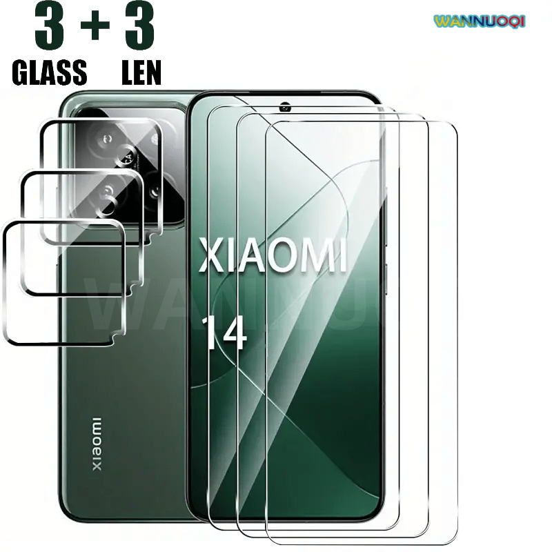 E-shop 3+3 Stück, Xiaomi 14 Schutzglas-Streifenschutz, 9H Härte, Anti-Fingerprint, mit Kameraobjektivschutz, Kofferfreundlich, HD Transparent