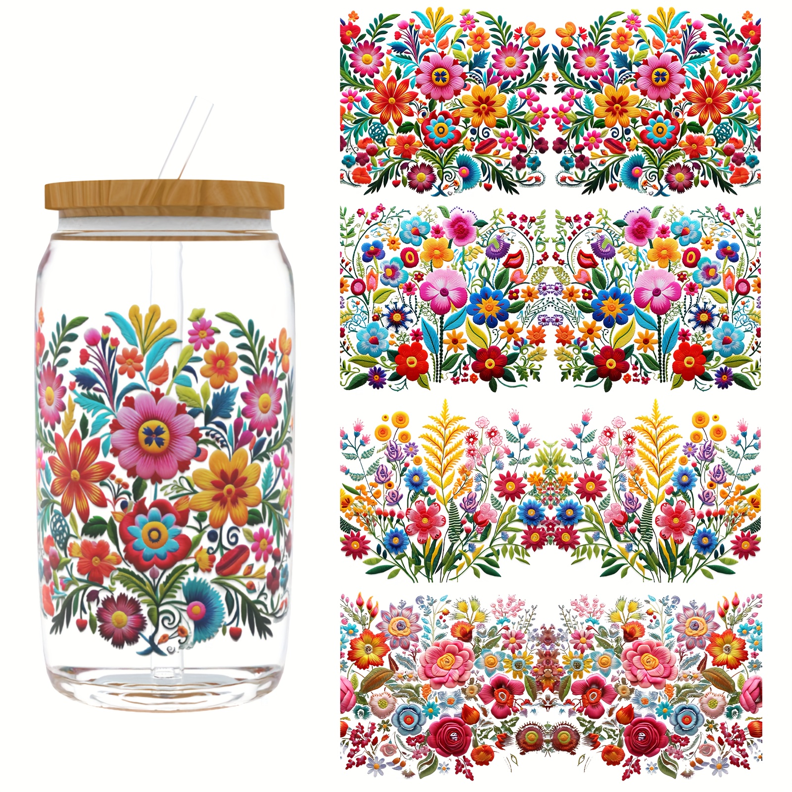 TEMU 4pcs Set Of Mexican Floral Dtf Transfer Stickers Suitable For Glass Cups- Self-adhesive Uv Vinyl Material With 3d , Irregular Floral