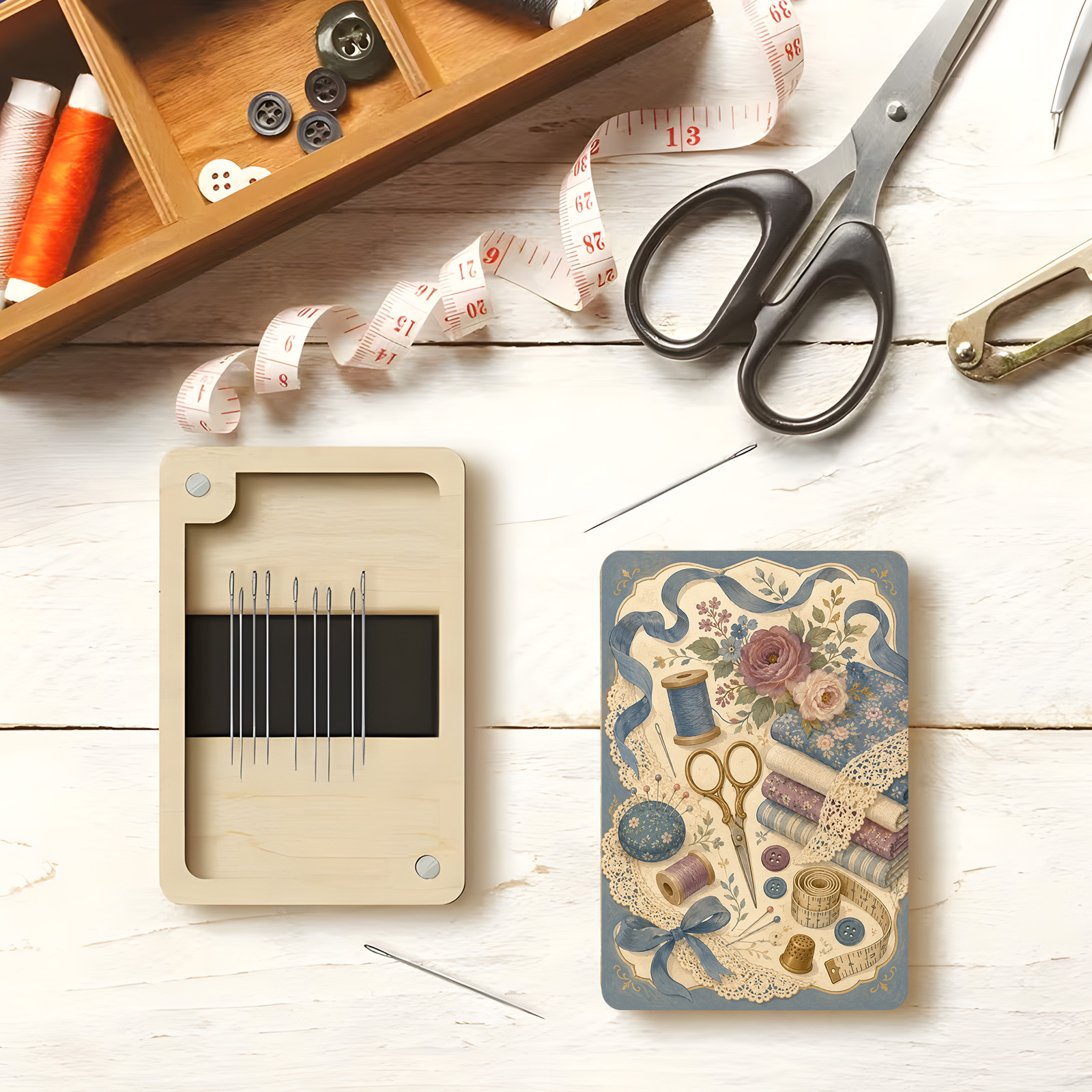 TEMU 1pc Magnetic Wooden Sewing Needle Organizer, Vintage Sewing Tools Printed Design, Portable Needle Storage Box, Needle And Thread Additions