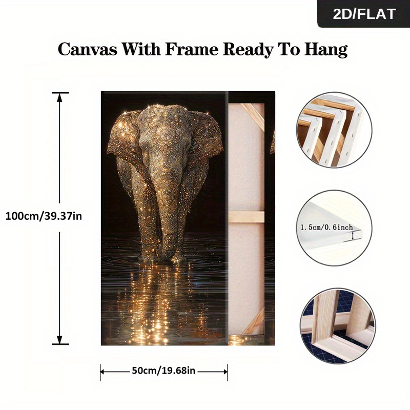 TEMU 2d Flat, 2d Flat, Modern Abstract Canvas Art Featuring A Golden Elephant In Water, Measuring 19.68 By 39.37 Inches Or 50 By 100 Centimeters,