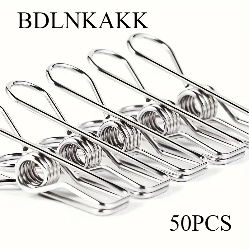 TEMU 50pcs Premium Stainless Steel Clothes Pegs, Rust-proof Heavy-duty Metal Clips With Strong Spring Grip, For Laundry, Kitchen, Travel, Office And