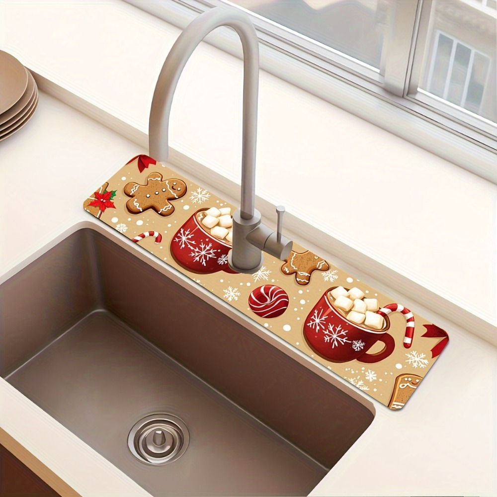 TEMU 1pc Christmas Milk Tea And Gingerbread For Man Pattern Faucet Mat, Moisture-proof Drainage Pad With Durable Polyester Material