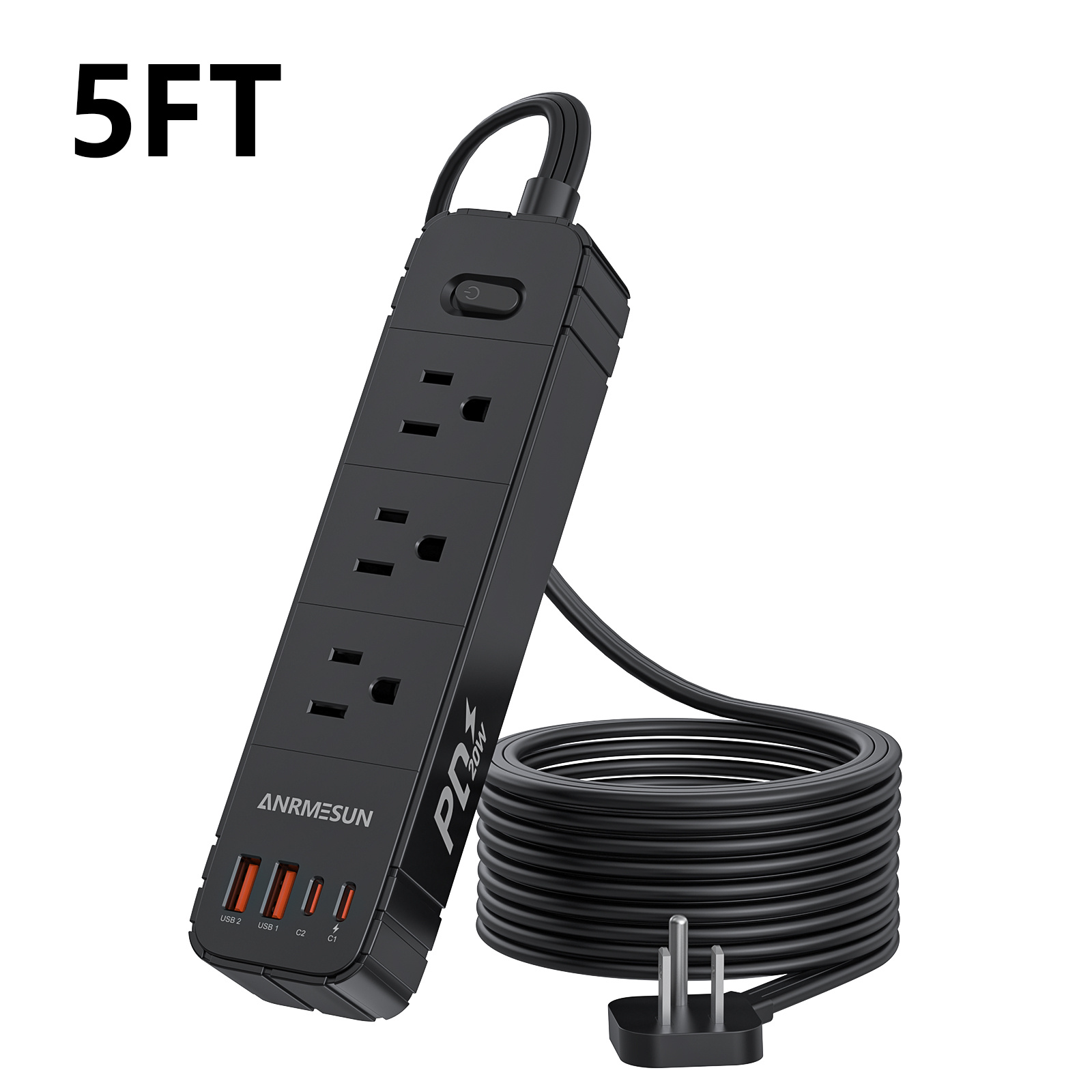 TEMU Anrmesun 7in 1 Protector Power Strip With Control Switch, 3 Spacious Ac Outlets With 4 Usb Ports (including 2 Type-c), 5ft Extension Cord, For