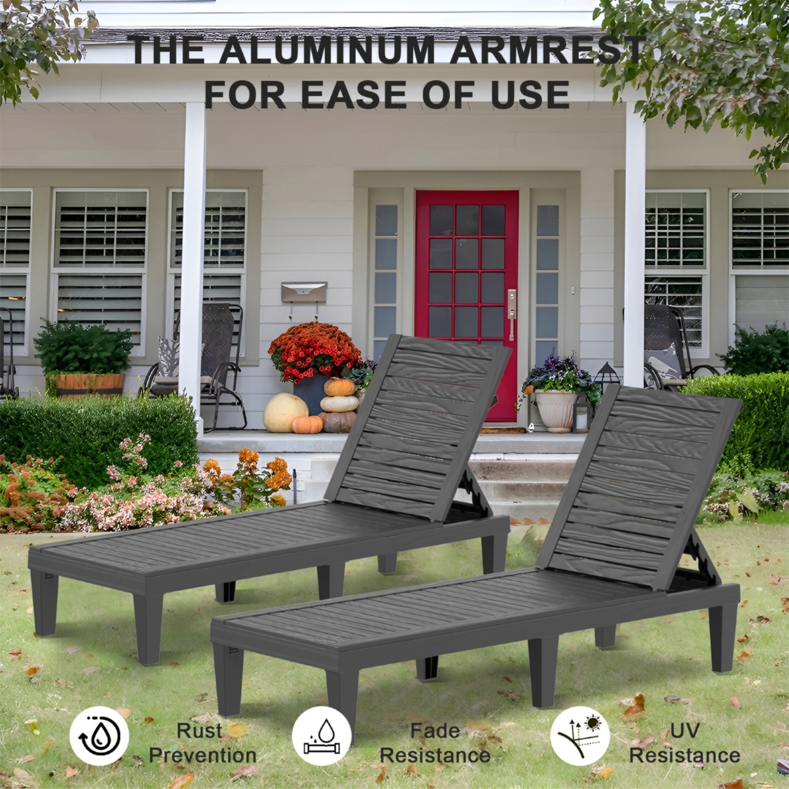 Outdoor lounge chair with foldable and stackable design and ergonomic armrests, suitable for outdoor leisure chairs such as poolside, backyard, balcony, etc. It is a perfect holiday gift and durable garden furniture.