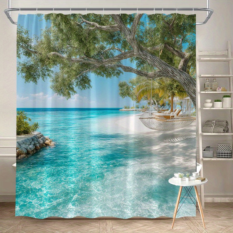 photo de l'article 1 rideau de   de plage   avec arbre tortueux, hamac blanc, chaises longues,    , plage sableuse  ,   isolé, caribéen, sud-est asiatique, tissu en polyester, décoration   pour salle de bain à domicile, 12 crochets, 70x70 pouces