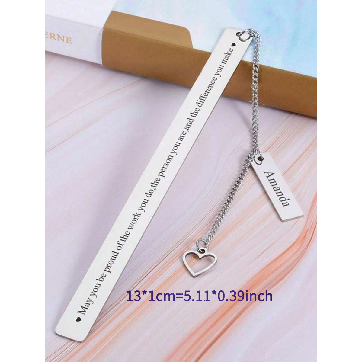 TEMU 1pc Custom Stainless Steel Bookmark Heart-shaped Tassel Pendant Bookmark Metal Bookmark Personalized Anniversary Bookmark Back-to-school Gift