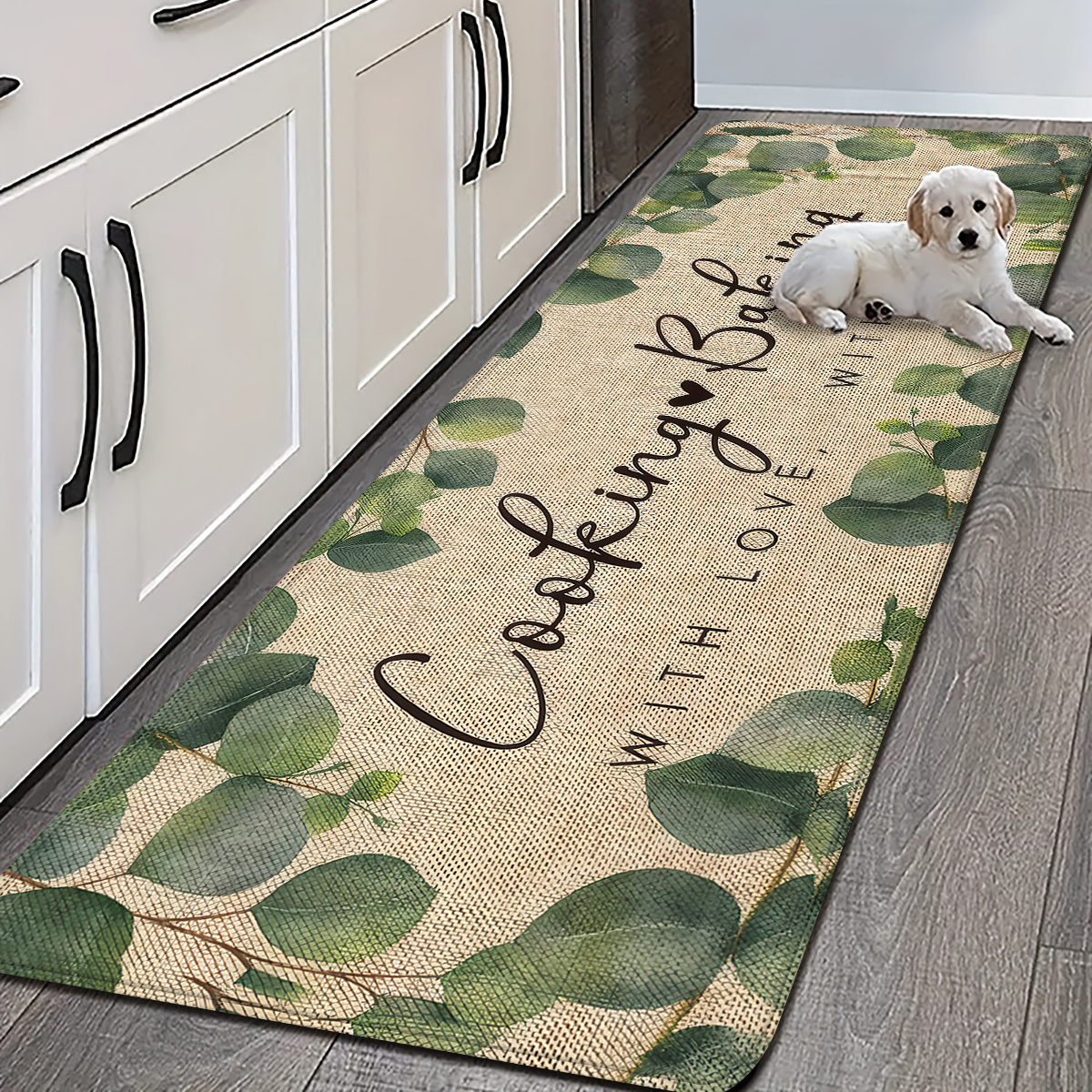 TEMU 1pc, 2d Flat Nordic Fresh Eucalyptus Leaf Forest-style Botanical Print Kitchen Rug, Non-slip Absorbent Runner Rug, Easy To Clean And Machine