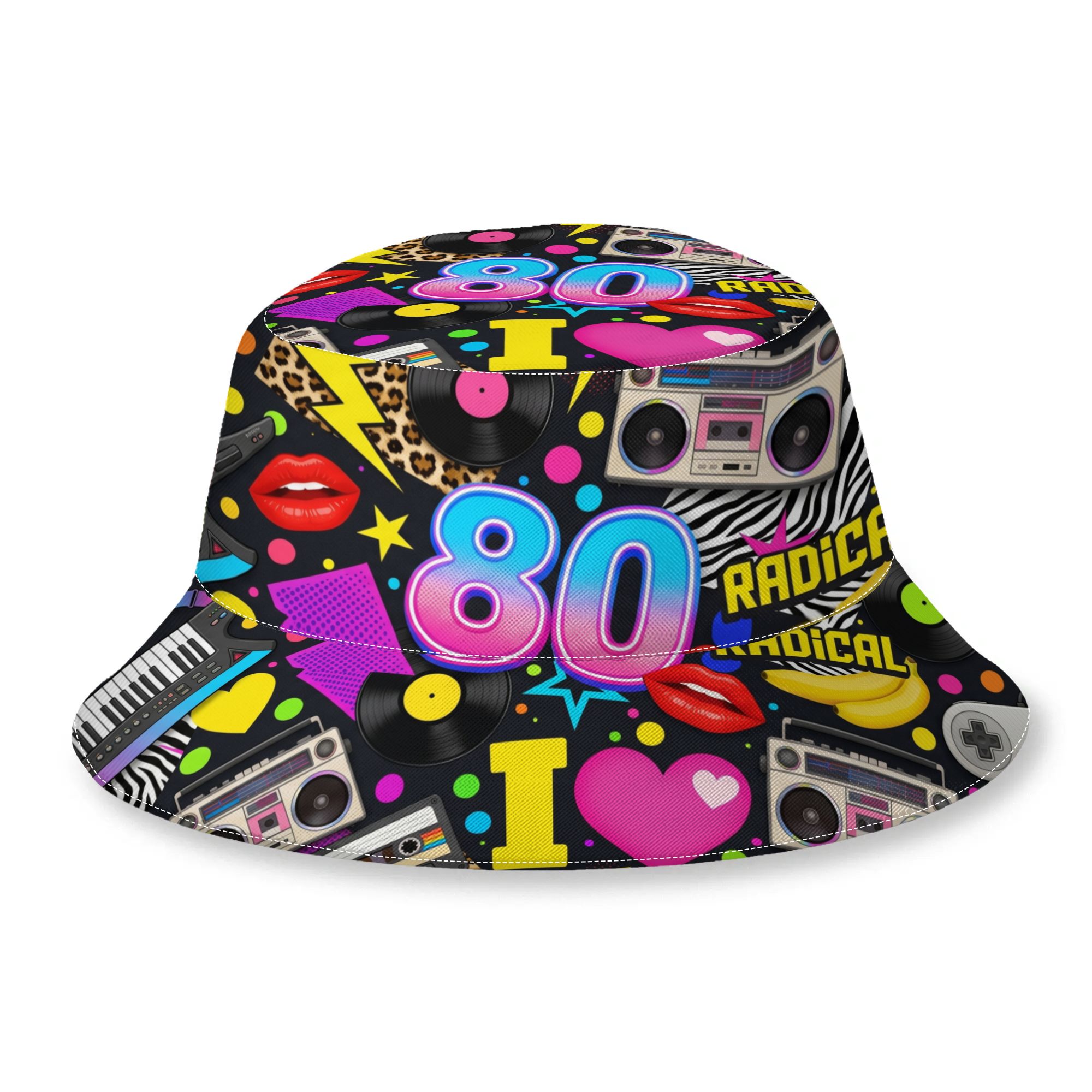 TEMU 1pc 2d Flat Printing Bucket Hat Retro 80s Music Party Outdoor Caps For Men Women Bucket Hat