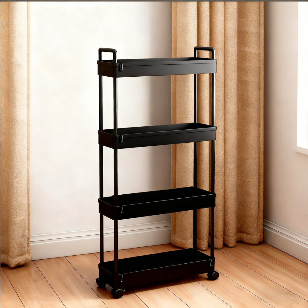 TEMU 4-tier Rolling Storage Rack For Floors, Space-saving Organizer With Handle And Wheels, Compact Shelf For Bathroom And Kitchen In , Easy To