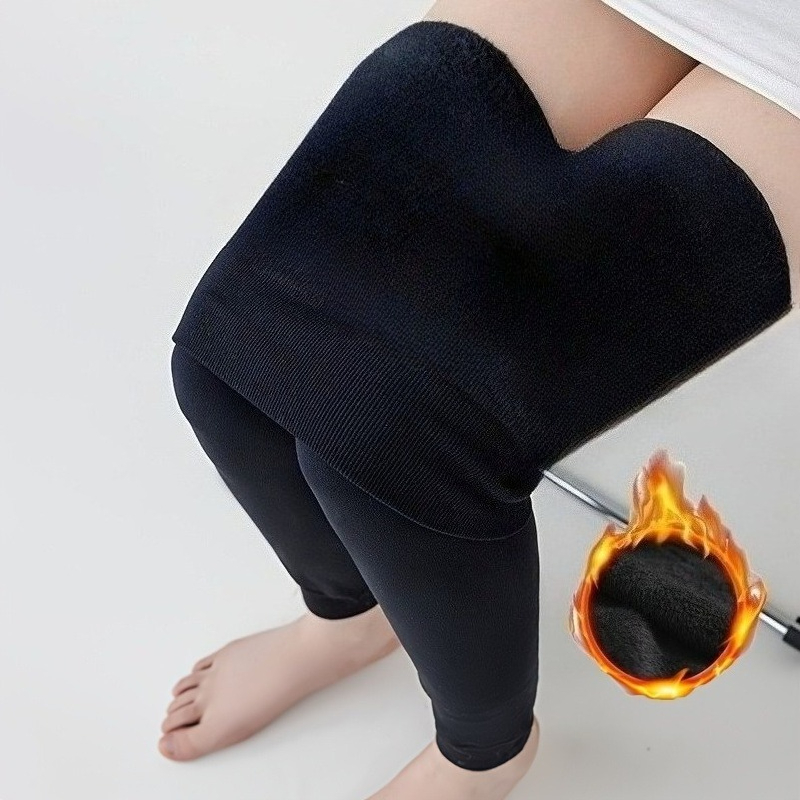 Image of 1 Pair Women's Warm Leggings - Thick Fleece Lining And Thigh , Ultra-cold Resistant Base Layer Trousers, Suitable For Winter, Elegant Solid Black Full-length Leg Coverage - Ideal Layering, Trousers