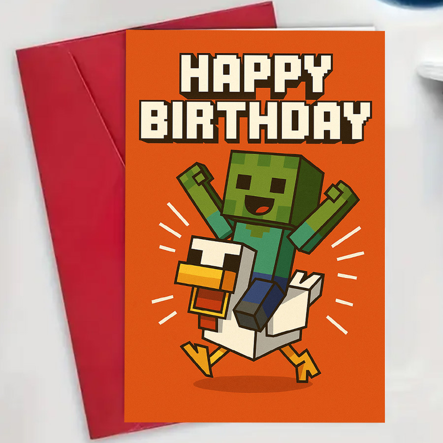 TEMU 1 Leuke Pixel Zombie die op een Kip Rijdt Verjaardagskaart, Speciaal Ontworpen voor en Fans om Verjaardagen te in een Speelse en Unieke Stijl,