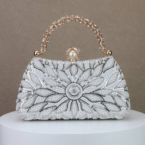 item picture womens black beaded evening clutch bag floral top handle handbag with pearl clasp formal party purse for wedding prom cocktail