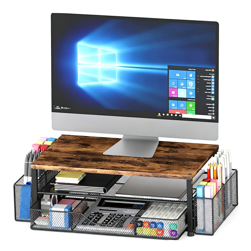 Image of Desk Organizers And Accessories, 2-tier Computer Monitor Stand Riser With Drawer, Pen Storage Phone Holder, Office Desk Accessories, Desktop Organization For Office Supplies Brown