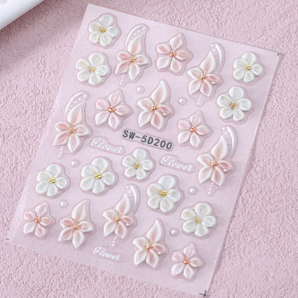 1pc Embossed Floral Nail Stickers, White And Pink Hibiscus Flower Engravings, Self-adhesive Nail Decals, Nail Decorations, Diy Home Nail Salon, Suitable For Spring/summer, Wedding Nail Art.