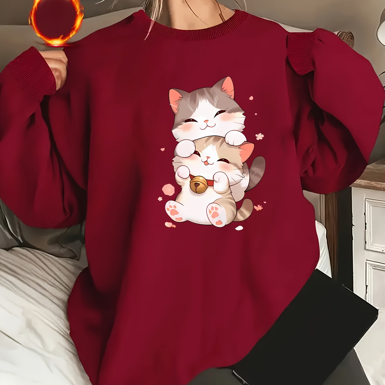 

Sweatshirt Doublé en pour Femme avec Imprimé Chat Cartoon Mignon - Pull Décontracté à Col Rond, Lavable en Machine