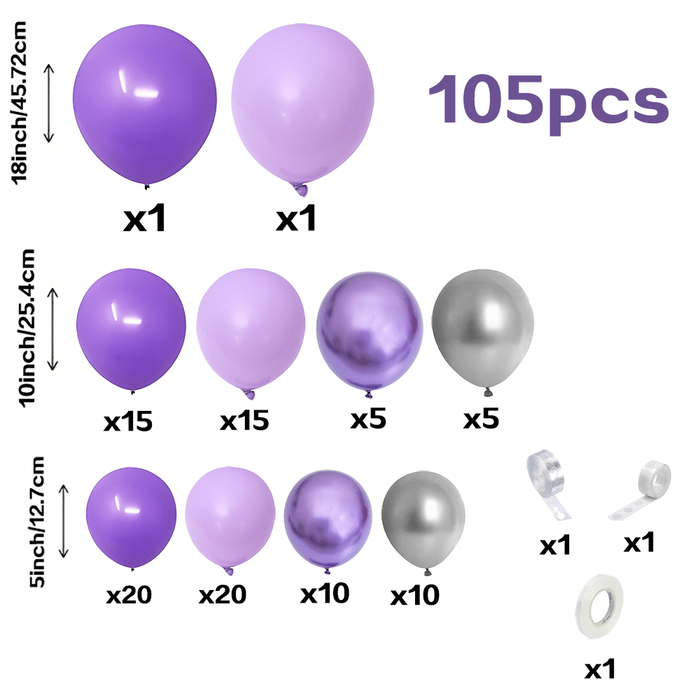 TEMU Kit de Guirlande de Ballons Violet Maca Violet Argenté, 105pcs Ballons en Latex de Différentes Tailles 18 Pouces pour Décoration de Fête