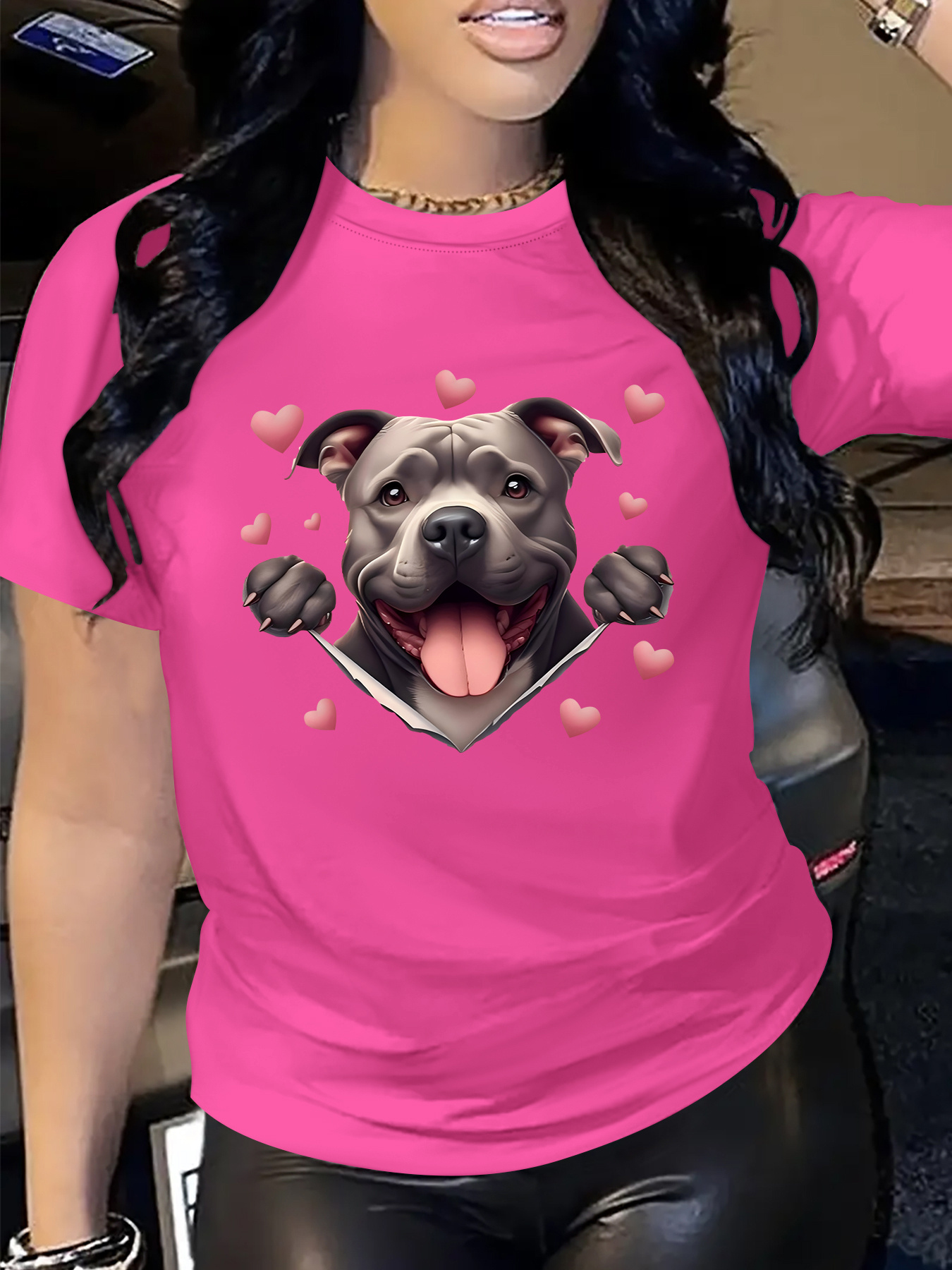 camiseta casual feminina com estampa de cachorro &   - 100% poliéster,   redonda,    ,   para   as  , lavável à máquina,   regular para vestuário casual, tecido durável