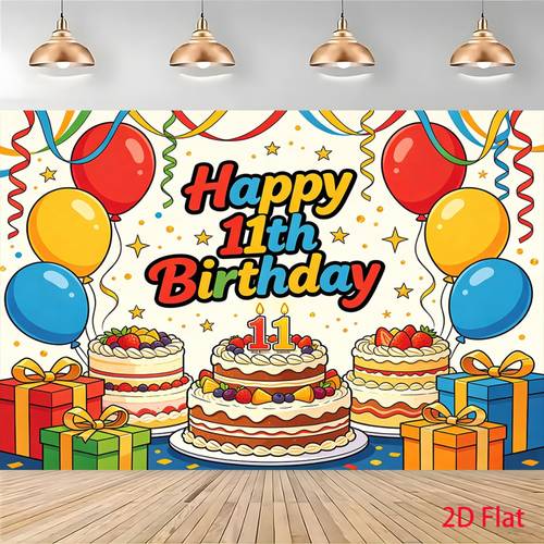 2d flat 2d flat 2d flat colorful balloon streamers stars fruit topped birthday cakes colorful gift boxes happy 11th birthday text photo booth background party decoration banner event celebration props