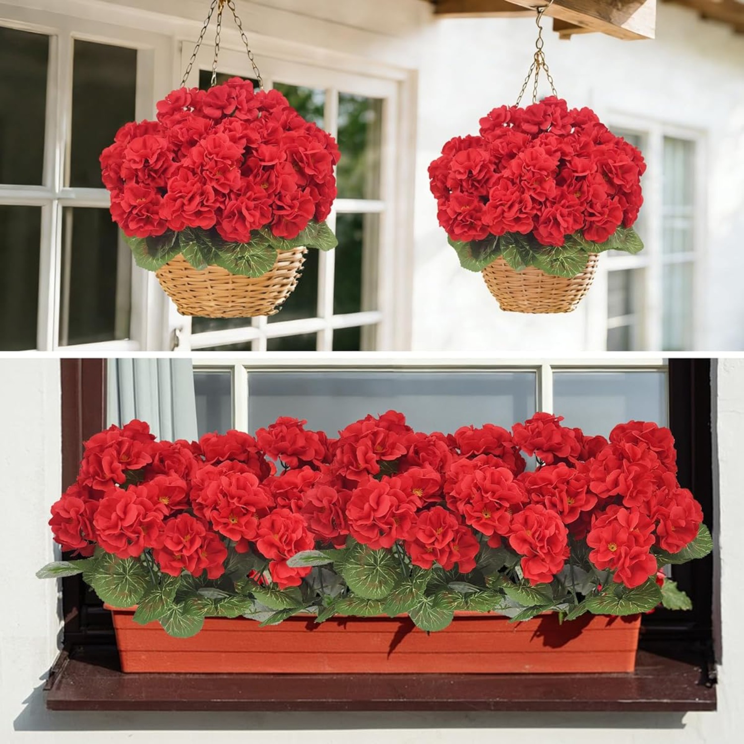 Image of Red Artificial Geranium Flowers, 6 Bundles Of 5-branch Faux Plants, For Balcony Garden Window Box, Indoor Outdoor Use, Lifelike No-water Fake Flower Arrangement For Home Office Decoration