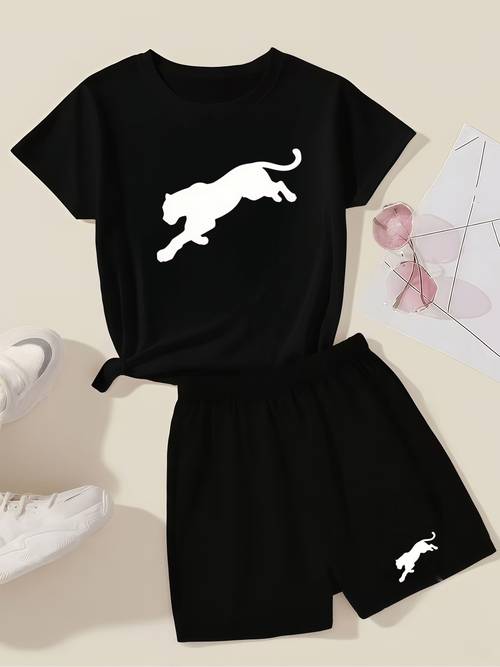 girls and boys dynamic silhouette print short sleeve t shirt and shorts set features neck and regular fit with a fun printed silhouette of a leaping exuding a sporty suitable for outdoor activities gym class