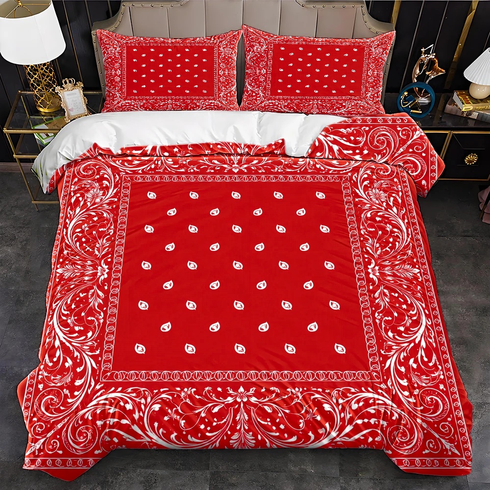 TEMU 3pcs Paisley Red Duvet Cover Set, Bedding (1 Duvet Cover + 2 Pillowcases), Suitable For , Machine Washable, Invisible Zipper Double Bedspread,