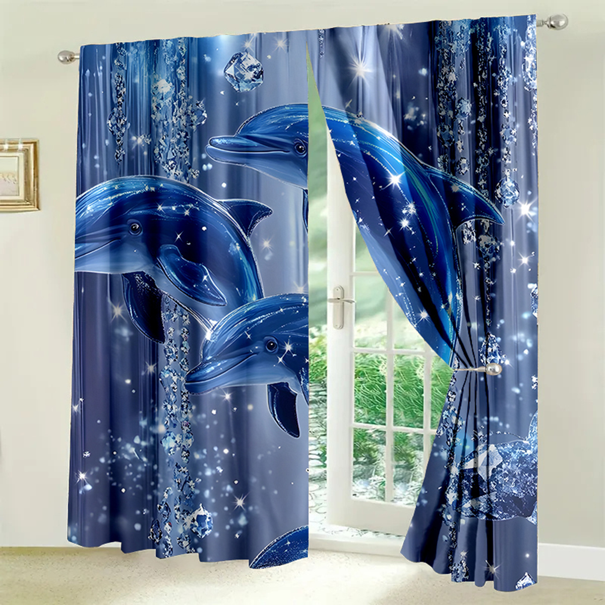 

2pcs Art Deco Dolphin Printed Curtains, Sateen Weave Polyester, Machine Washable, Unlined, Fashion Striped Drapes For Bedroom, Office, Kitchen, Living Room, Study - No Electricity Needed