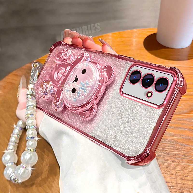 TEMU Phone Case: Pearl Glitter Lanyard Chain Wrist Strap Cute Plating Quicksand Bead Bear Bracket Folding Stand Holder Luxury Gradient Shockproof