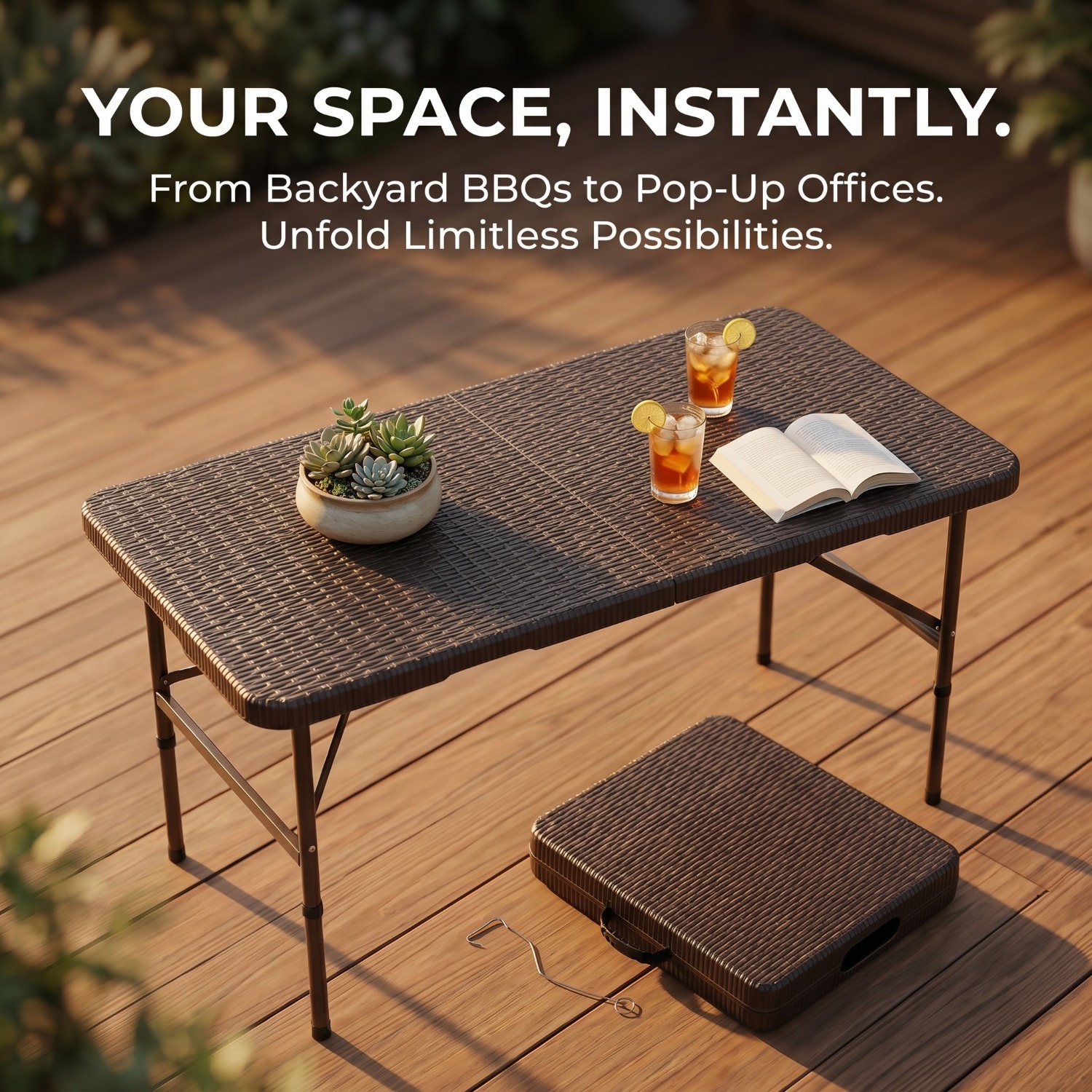 4ft Adjustable Height Patio Table, Outdoor Foldable Plastic Picnic Table, All-Weather Design