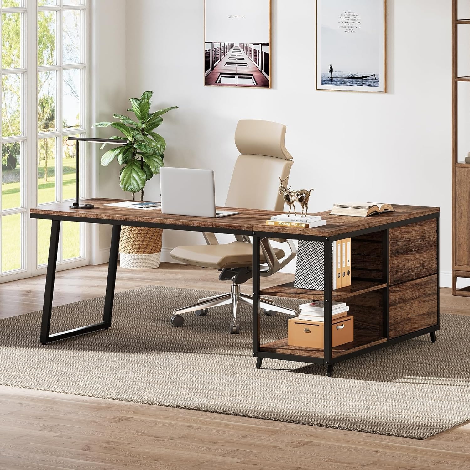 53' L Shaped Office Desk, Reversible Corner Computer Desk With 3 File Drawers And 2 Storage Shelves For Home Office, Study, Gaming Room (brown)