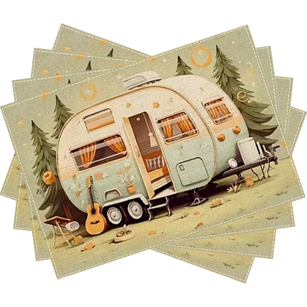 TEMU Of 4, 6, Or 8 Vintage Camping-themed Placemats, Made Of Rectangular, Featuring A Cart Design, Ideal For Use, Perfect For Family And Dining At