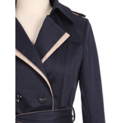 Abrigo de lona elegante para mujer, doble botonadura, color beige y azul marino, estructurado, no elástico, formal y casual, cintura ceñida, para oficina, fiestas, uso diario, diseño sofisticado, tejido duradero, chaqueta elegante, para amantes de la moda, ropa de oficina, material de alta calidad, mujeres conscientes de la moda.