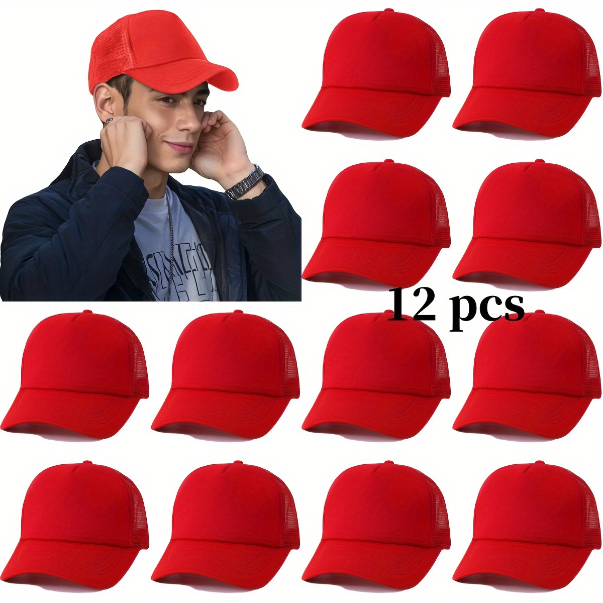 12 Black Baseball Caps, Breathable & Adjustable Fit