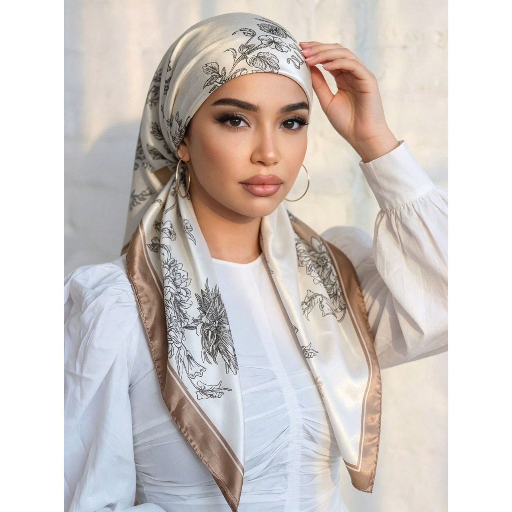 Image of -one Tie-less Satin Printed Headscarf, Smooth Style Versatile For Abaya And Shawl