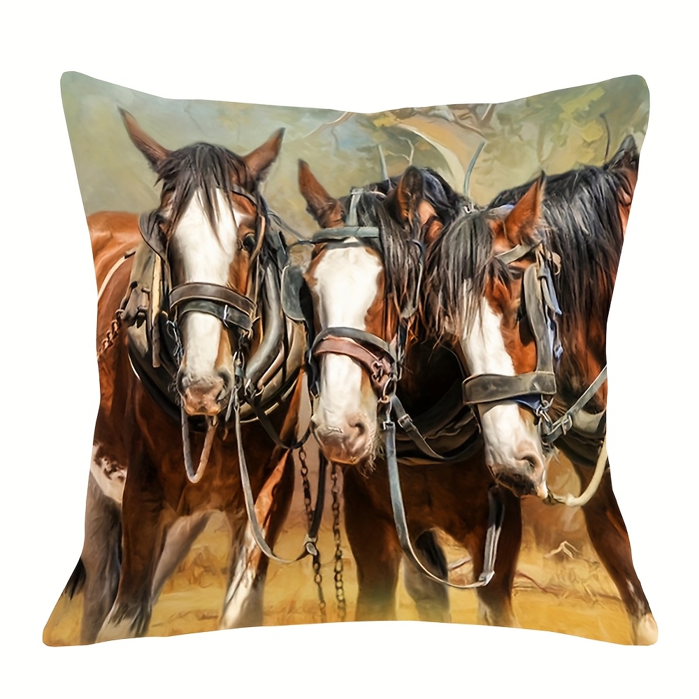 TEMU 1x Retro Clydesdale Pillowcase, 18x18inch, Ultra Soft Short Plush Decorative Cushion Cover, Polyester Fiber, Machine Washable, With Zipper,